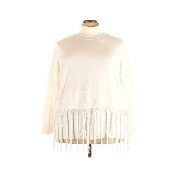 DG2 by Diane Gilman - Fringe Fully Fashioned Turtleneck Blouse - Ivory, XL - Picture 2 of 7